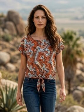 Cure Women's Orange Paisley Top Grommets Tie at Hem Size 2X NWOT